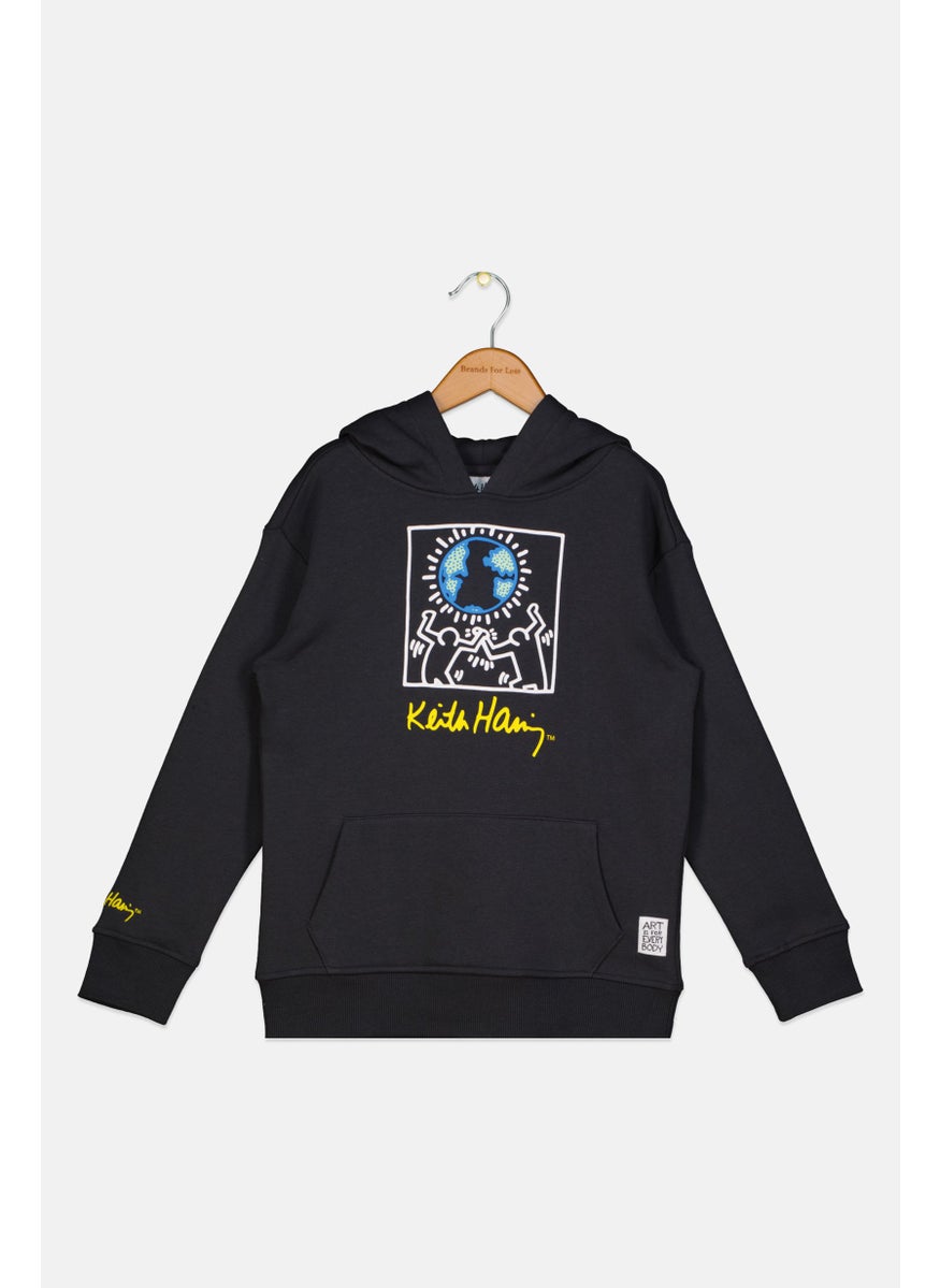 Keith Haring Kids Girl Hooded Neck Long Sleeve Graphic Sweatshirt, Charcoal Black  - Image 1