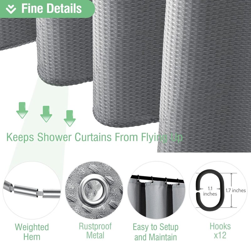 Dynamene Extra Long Shower Curtain with 96 Inch Length, Thick Waffle Weave Fabric Shower Curtains with 12 Plastic Hooks, Neutral and Robust, 72x96 Inch, Grey/Grey - Image 5