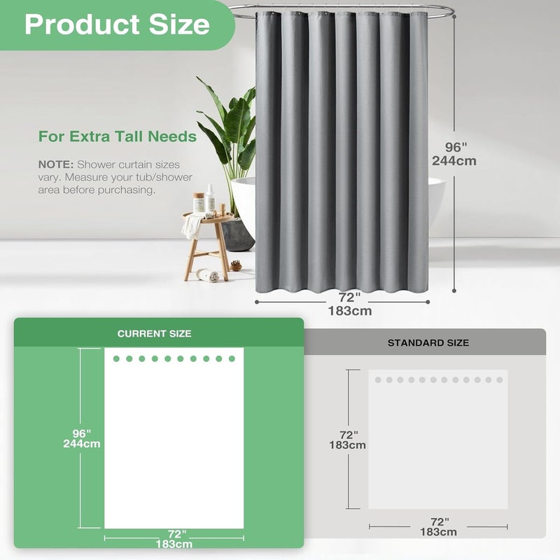Dynamene Extra Long Shower Curtain with 96 Inch Length, Thick Waffle Weave Fabric Shower Curtains with 12 Plastic Hooks, Neutral and Robust, 72x96 Inch, Grey/Grey - Image 3