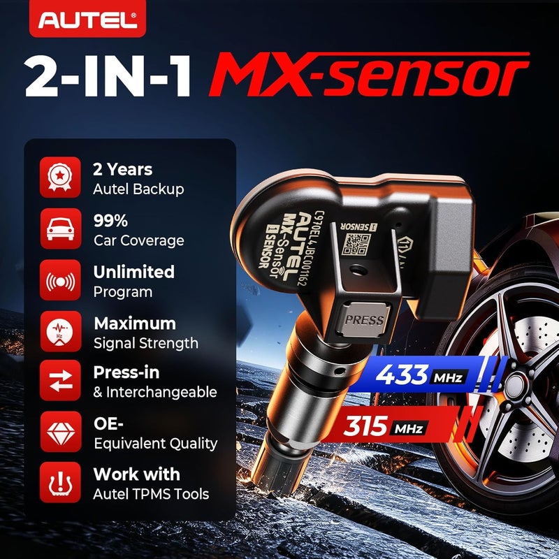 أوتل مجموعة مستشعرات TPMS من مكونة من 4 قطع، MX-Sensor ثنائي التردد 2in1 315MHz + 433MHz، عالمي بمستوى OE، قابل للبرمجة بواسطة أداة TPMS، متوافق مع TS408S TS508WF TS601 (صمامات معدنية) - Image 2