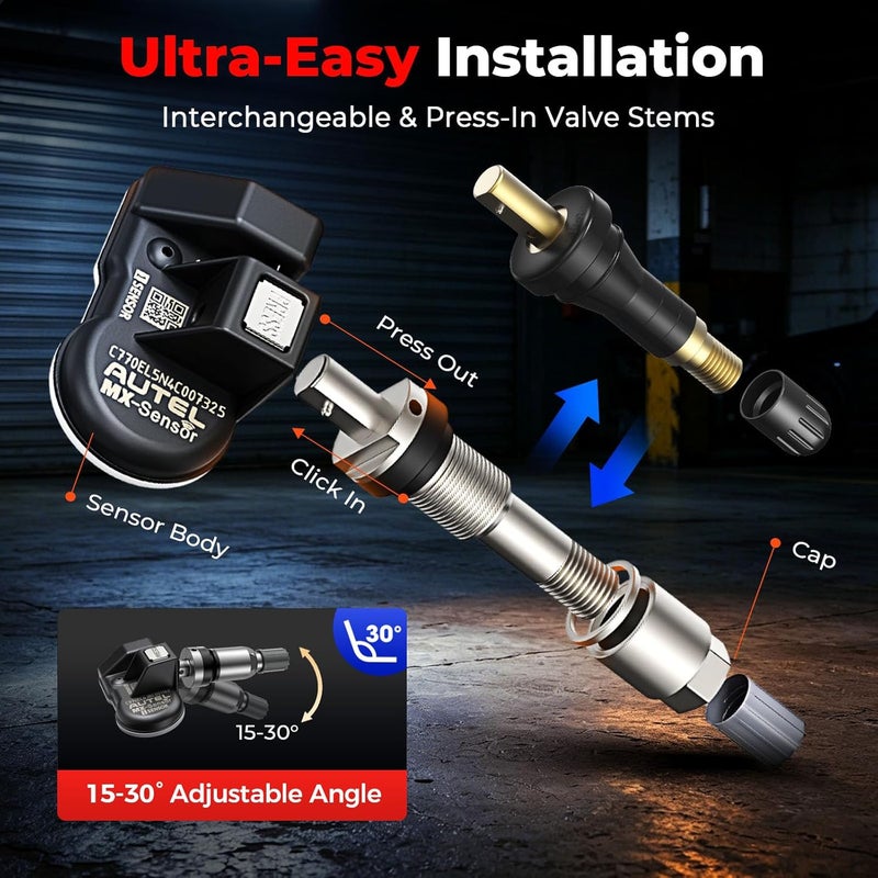 أوتل مجموعة مستشعرات TPMS من مكونة من 4 قطع، MX-Sensor ثنائي التردد 2in1 315MHz + 433MHz، عالمي بمستوى OE، قابل للبرمجة بواسطة أداة TPMS، متوافق مع TS408S TS508WF TS601 (صمامات معدنية) - Image 5