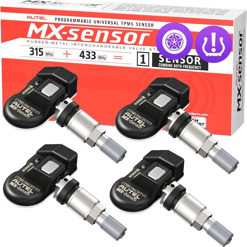أوتل مجموعة مستشعرات TPMS من مكونة من 4 قطع، MX-Sensor ثنائي التردد 2in1 315MHz + 433MHz، عالمي بمستوى OE، قابل للبرمجة بواسطة أداة TPMS، متوافق مع TS408S TS508WF TS601 (صمامات معدنية) - Image 1