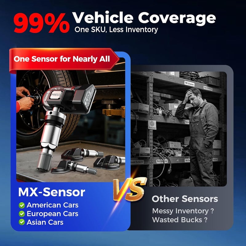 أوتل مجموعة مستشعرات TPMS من مكونة من 4 قطع، MX-Sensor ثنائي التردد 2in1 315MHz + 433MHz، عالمي بمستوى OE، قابل للبرمجة بواسطة أداة TPMS، متوافق مع TS408S TS508WF TS601 (صمامات معدنية) - Image 3