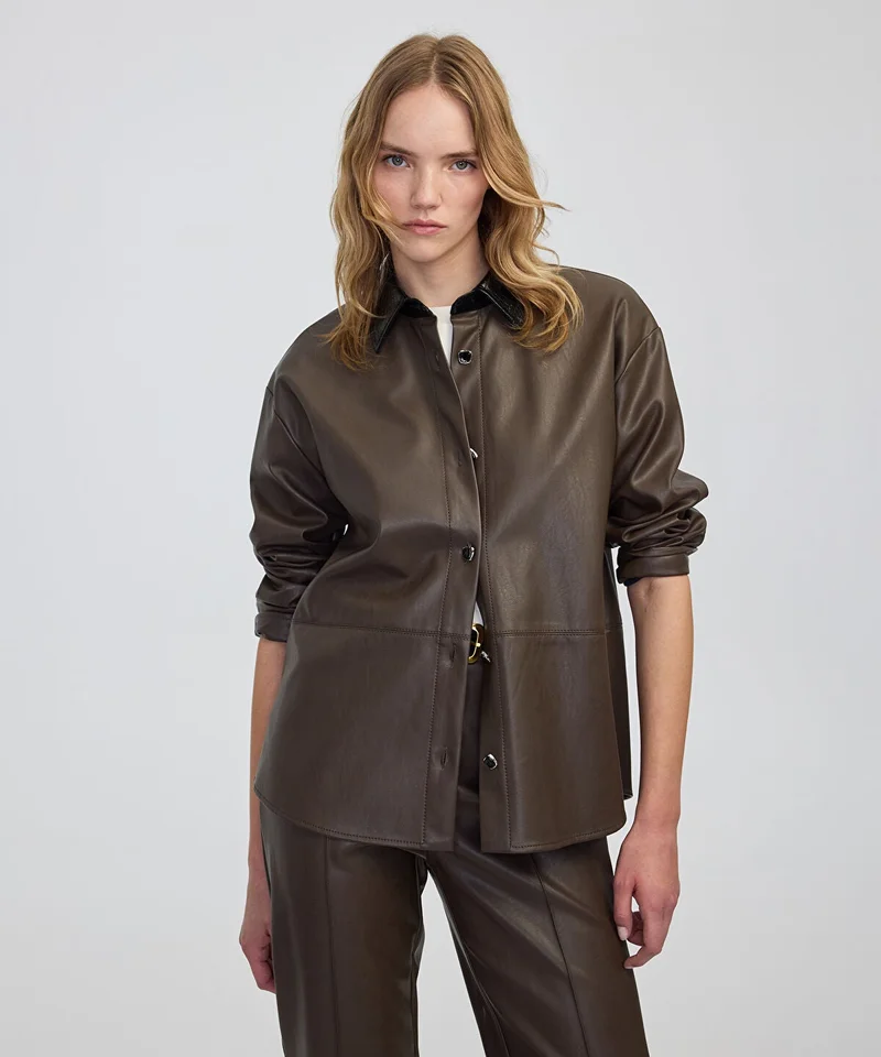 ابيكول Contrast Collar Leather-Effect Shirt