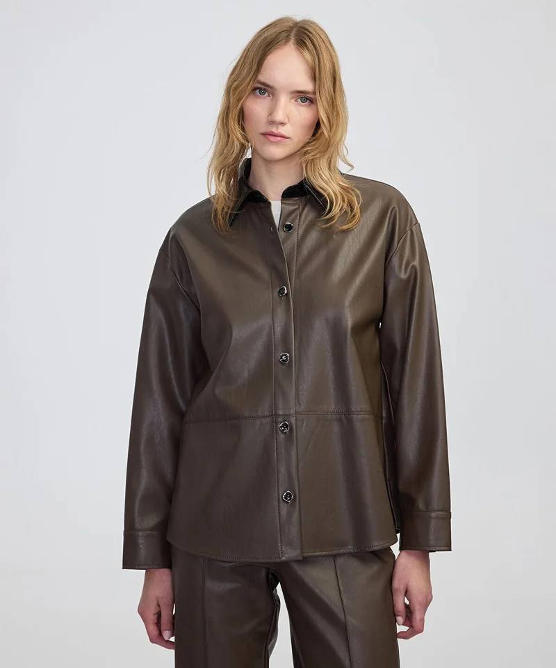 ابيكول Contrast Collar Leather-Effect Shirt