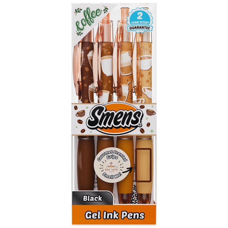 Scentco Coffee Smens â€“ 4 Pack Black Gel Ink Pens with Gourmet Coffee Scented Grips (CafÃ© Latte, Caramel Macchiato, Roasted Hazelnut, Mocha) â€“ Fun Smelly Pens for Kids, Students & Adults - Image 1