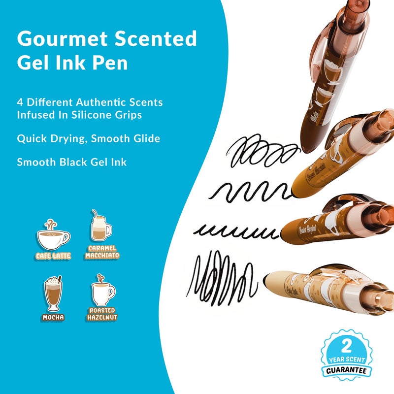 Scentco Coffee Smens â€“ 4 Pack Black Gel Ink Pens with Gourmet Coffee Scented Grips (CafÃ© Latte, Caramel Macchiato, Roasted Hazelnut, Mocha) â€“ Fun Smelly Pens for Kids, Students & Adults - Image 2