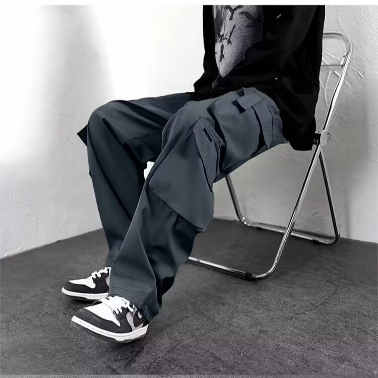Cross-border foreign trade fleece-lined overalls mens autumn and winter fashion brand wide-leg casual pants winter boys straight loose Gray thin section
