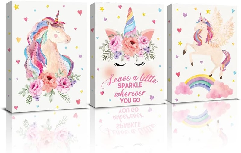 KAIRNE Unicorn Canvas Wall Art Print Framed, Inspirational Quotes Unicorns Rainbow Art Poster for Girls Bedroom Nursery Decoration, Set of 3 11.8 X15.6inch Ready To Hang Unicorn Art Prints - Image 1