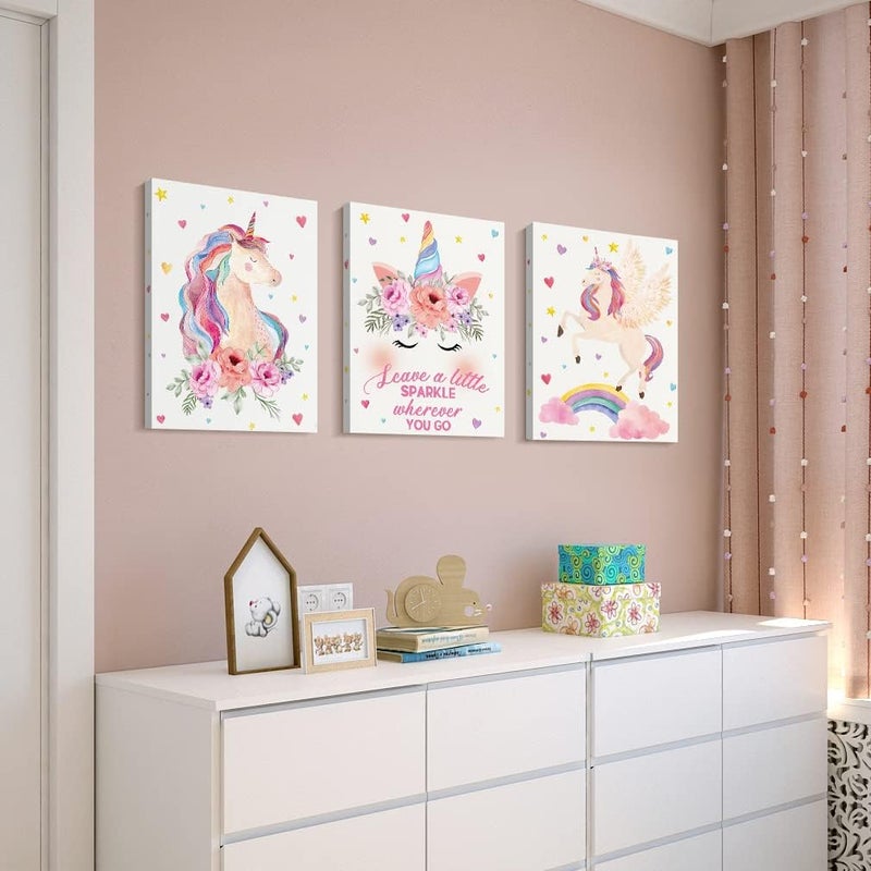 KAIRNE Unicorn Canvas Wall Art Print Framed, Inspirational Quotes Unicorns Rainbow Art Poster for Girls Bedroom Nursery Decoration, Set of 3 11.8 X15.6inch Ready To Hang Unicorn Art Prints - Image 3