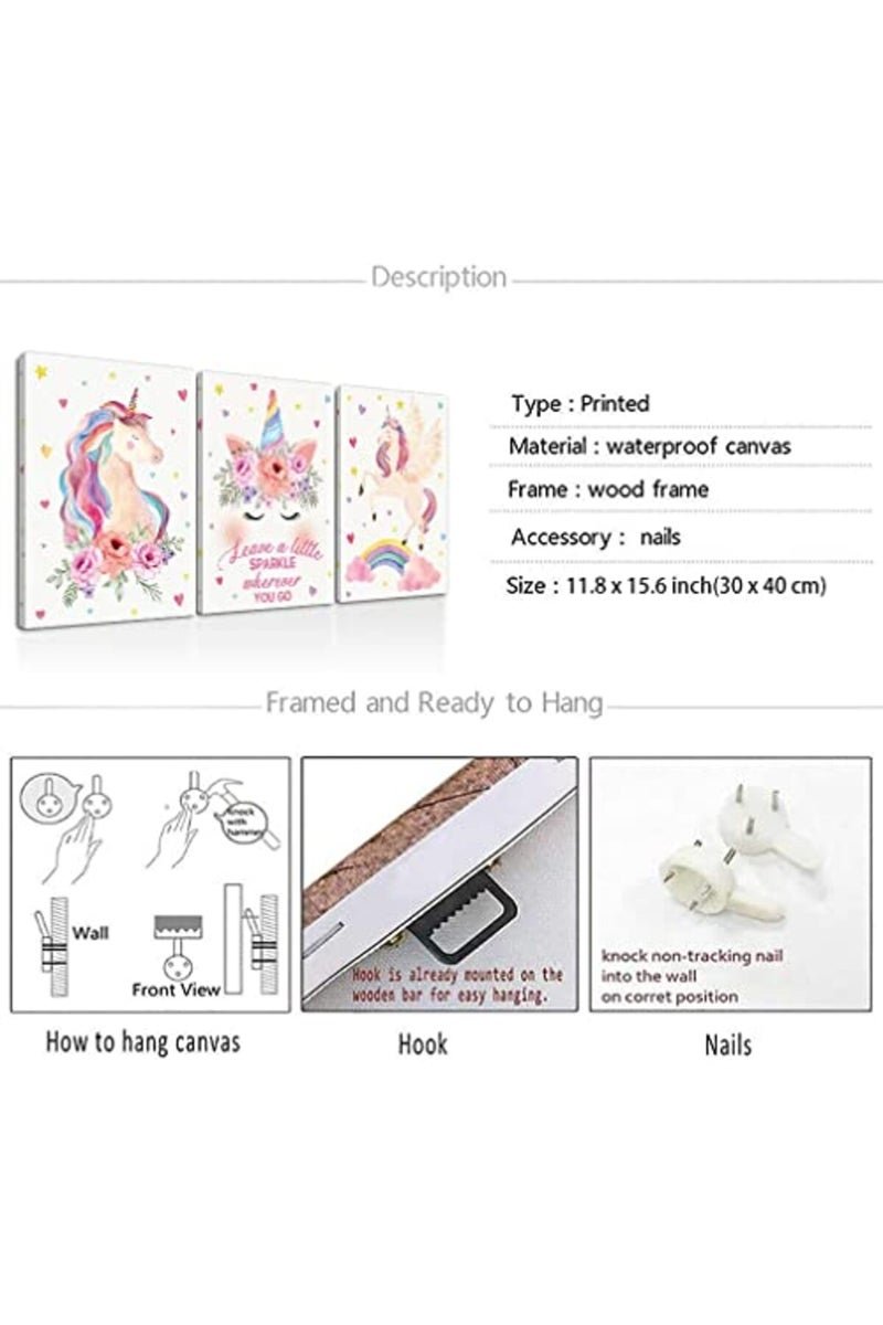 KAIRNE Unicorn Canvas Wall Art Print Framed, Inspirational Quotes Unicorns Rainbow Art Poster for Girls Bedroom Nursery Decoration, Set of 3 11.8 X15.6inch Ready To Hang Unicorn Art Prints - Image 5