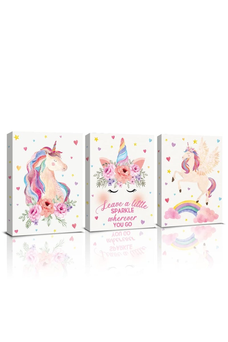 KAIRNE Unicorn Canvas Wall Art Print Framed, Inspirational Quotes Unicorns Rainbow Art Poster for Girls Bedroom Nursery Decoration, Set of 3 11.8 X15.6inch Ready To Hang Unicorn Art Prints - Image 1