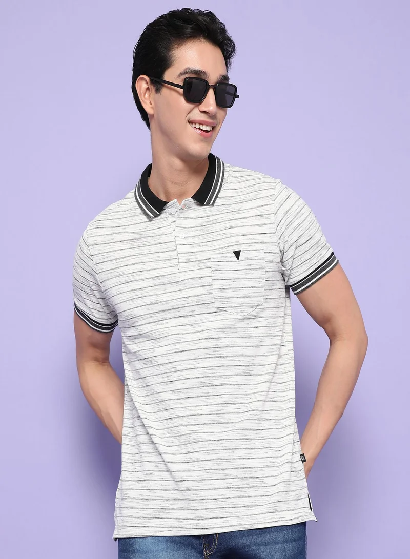 Campus Sutra Campus Sutra Men's White Striped Short Sleeve Regular Fit Casual PoloT-Shirt For Casual Wear | Modern Clothing T-Shirt Crafted With Comfort Fit And High-Performance For Everyday Wear