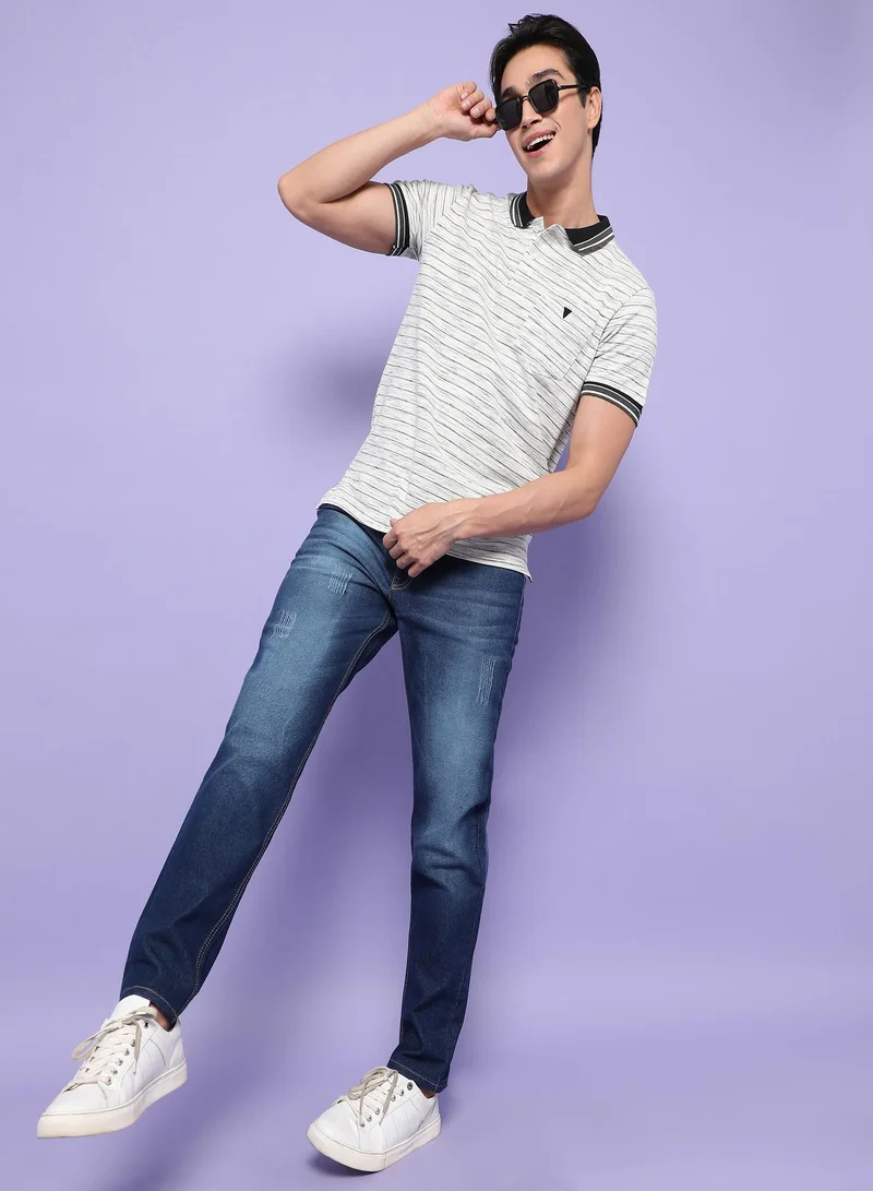 Campus Sutra Campus Sutra Men's White Striped Short Sleeve Regular Fit Casual PoloT-Shirt For Casual Wear | Modern Clothing T-Shirt Crafted With Comfort Fit And High-Performance For Everyday Wear
