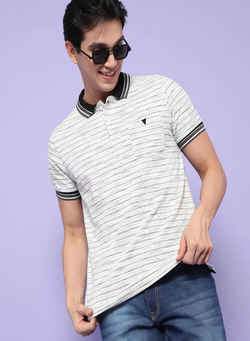 Campus Sutra Campus Sutra Men's White Striped Short Sleeve Regular Fit Casual PoloT-Shirt For Casual Wear | Modern Clothing T-Shirt Crafted With Comfort Fit And High-Performance For Everyday Wear