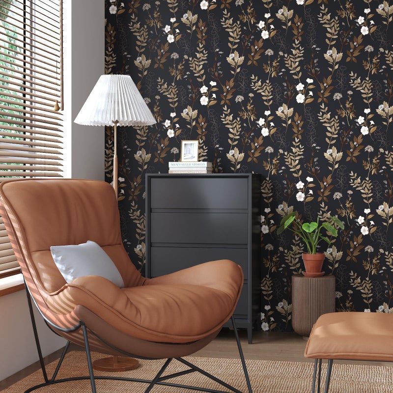 Fvlow Black Floral Wallpaper Peel and Stick Gold Leaf Contact Paper 17.4" x 118" Leaf Wallpaper Waterproof Self-Adhesive Wall Covering for Bedroom Countertop Desk Cabinets Decor - Image 2