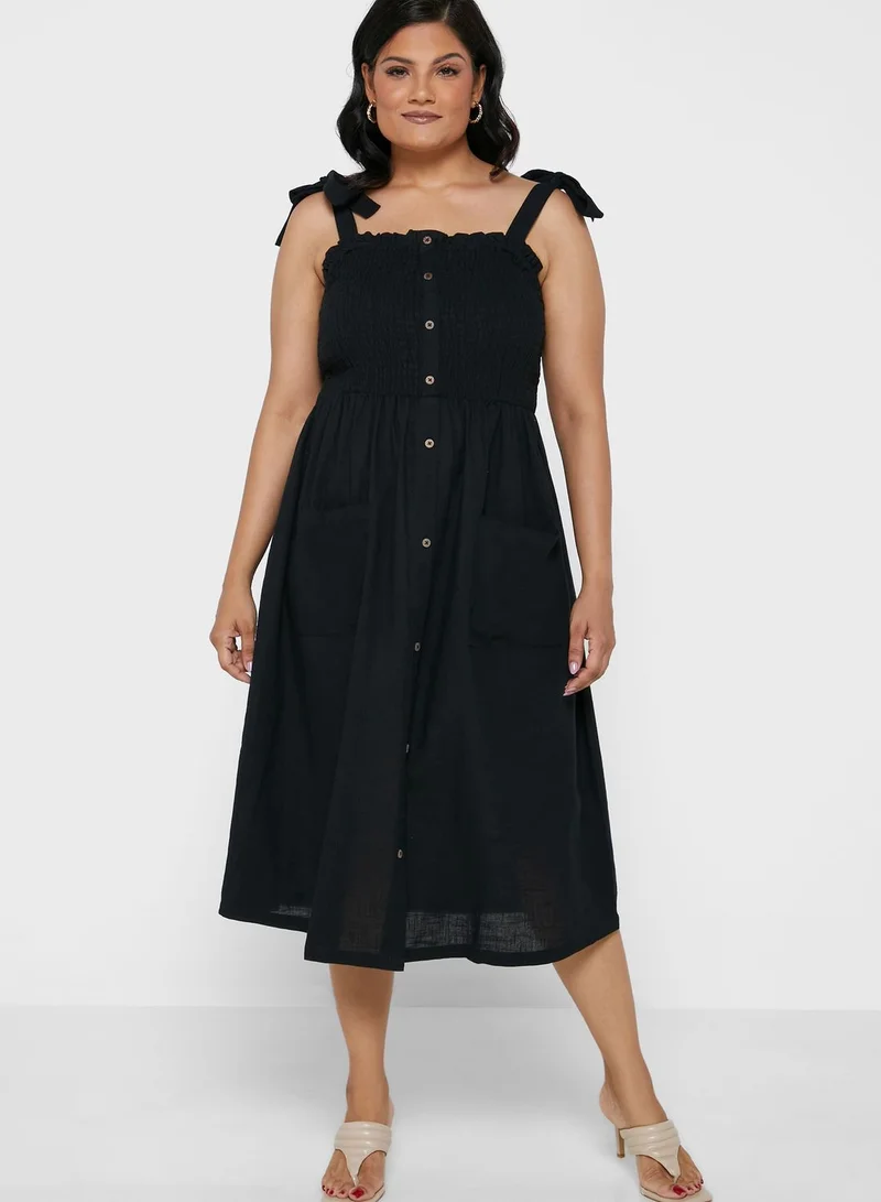 I Saw It First Curve Black Shirred Tie Strap Button Down Midi Dress