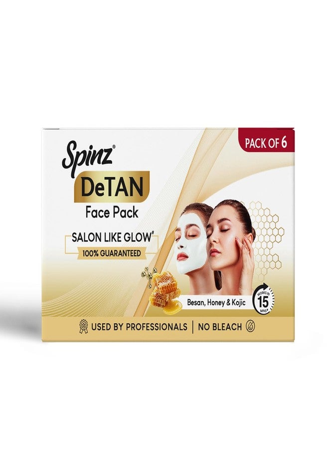 Spinz DeTan Face Pack with Besan, Honey & Kojic Acid | Tan Removal cream for Brightening & Glow | Salon-like Glow in 15 mins | 72g, Pack of 6 (12g x 6) - Image 1
