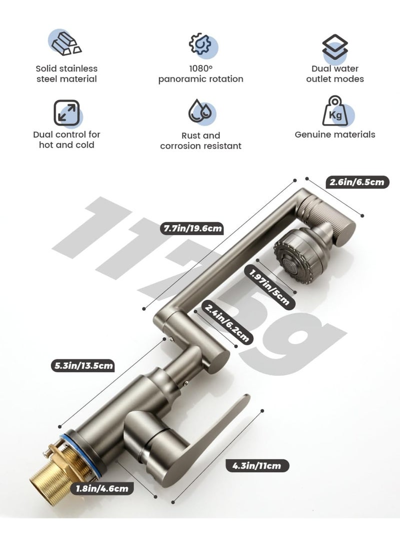 Bukela Bathroom Tap High, 1080 Degree Rotating Tap with Hose, Ideal Standard Washbasin Tap with 2 Jet Types, Lead-Free/Nickel-Free Stainless Steel for Bathroom - Image 4