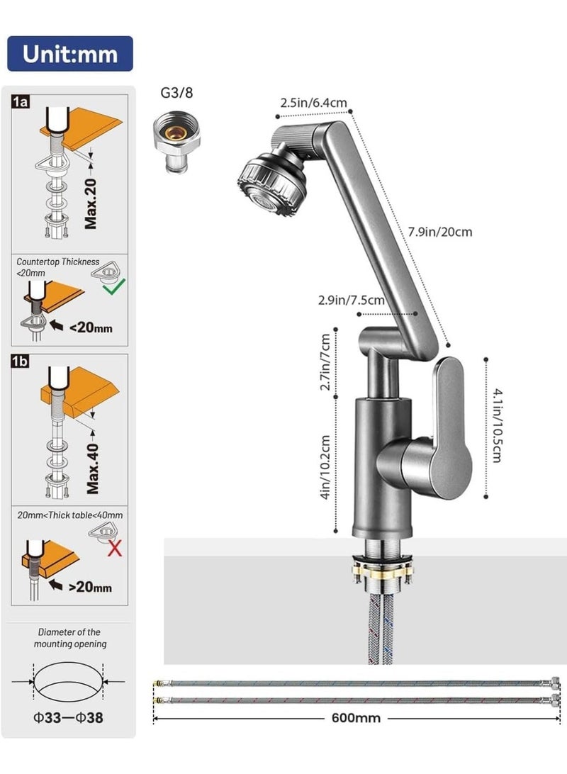 Bukela Bathroom Tap High, 1080 Degree Rotating Tap with Hose, Ideal Standard Washbasin Tap with 2 Jet Types, Lead-Free/Nickel-Free Stainless Steel for Bathroom - Image 3
