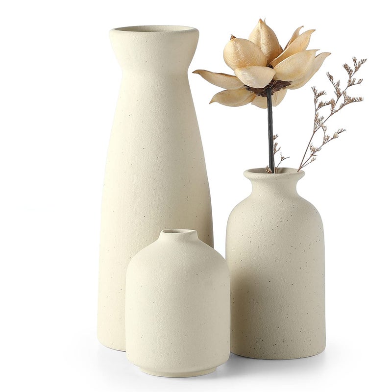 CEMABT Beige Ceramic vase Set3 Small Flower vases for DecorModern Boho Farmhouse Home DecorDecorative vase for Pampas GrassDried Flowersidea ShelfTableBookshelf Entryway Distressed