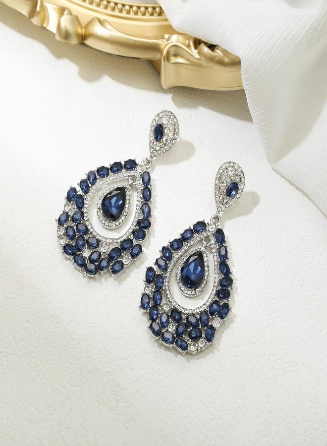BriLove Gorgeous Shiny Rhinestones Oval Teardrop Chandelier Long Dangle Earrings for Wedding Bridal Party Prom Jewelry Accessories Sapphire Color Silver-Tone - Image 4