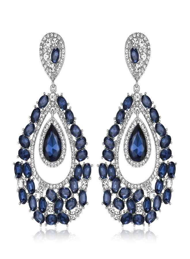 BriLove Gorgeous Shiny Rhinestones Oval Teardrop Chandelier Long Dangle Earrings for Wedding Bridal Party Prom Jewelry Accessories Sapphire Color Silver-Tone - Image 1