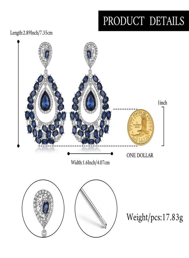 BriLove Gorgeous Shiny Rhinestones Oval Teardrop Chandelier Long Dangle Earrings for Wedding Bridal Party Prom Jewelry Accessories Sapphire Color Silver-Tone - Image 5