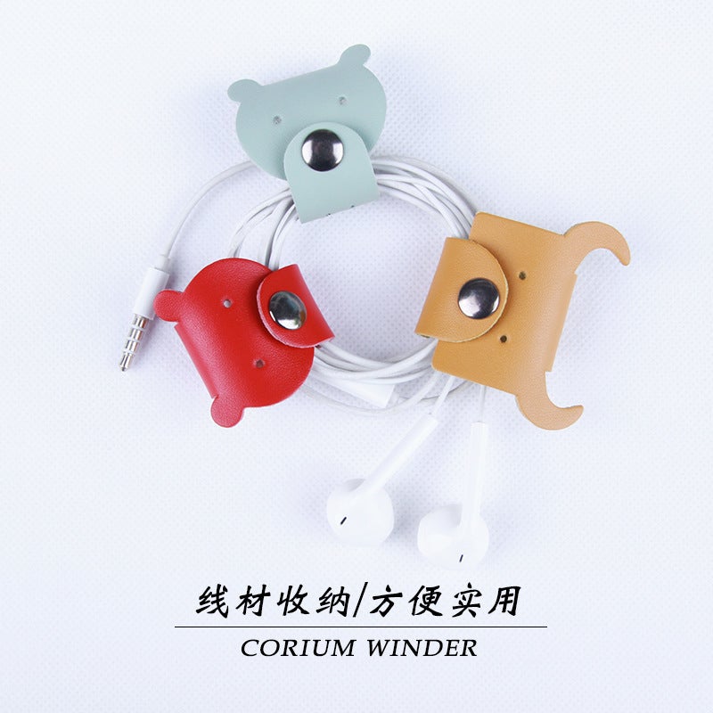 Leather Winder Data Cable Storage Buckle Earphone Hub Cable Management Cowhide Cute Girl Bear Handmade Leather - Image 3