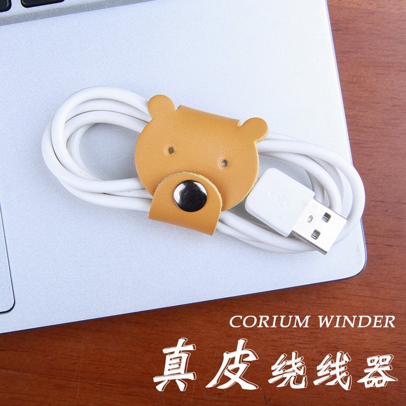 Leather Winder Data Cable Storage Buckle Earphone Hub Cable Management Cowhide Cute Girl Bear Handmade Leather - Image 2