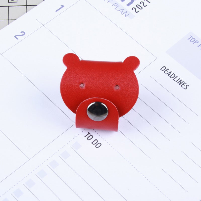 Leather Winder Data Cable Storage Buckle Earphone Hub Cable Management Cowhide Cute Girl Bear Handmade Leather - Image 1