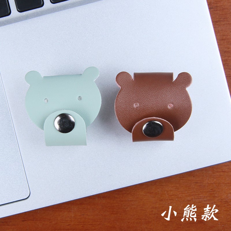 Leather Winder Data Cable Storage Buckle Earphone Hub Cable Management Cowhide Cute Girl Bear Handmade Leather - Image 5
