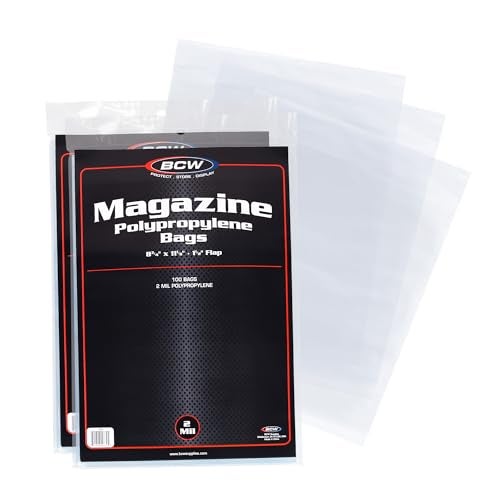 BCW Magazine Bags - 200 Count | Fits Standard 8.5 x 11 Inch Magazines | Acid-Free Polypropylene Magazine Sleeves with Fold-Over Tape Flap | Archival Plastic Magazine Protectors for Collectors - Image 1