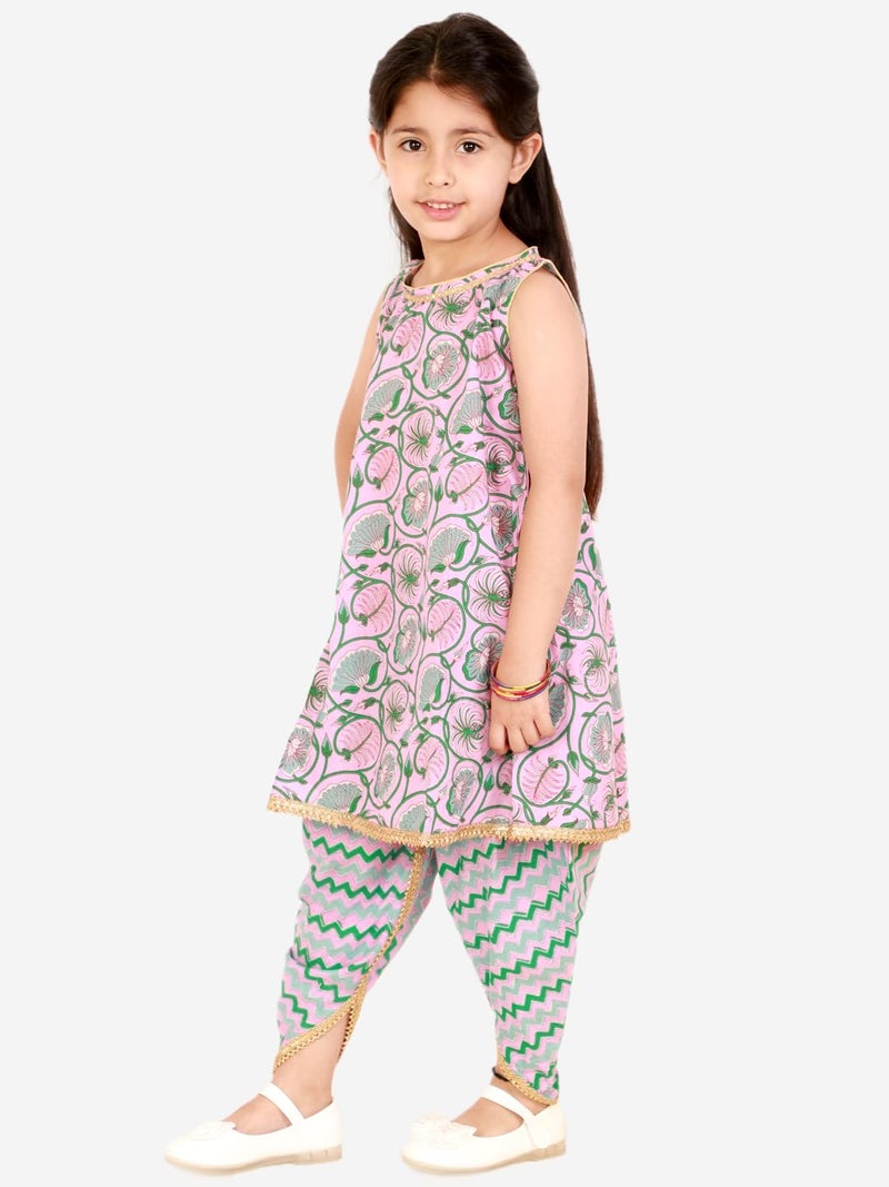 superminis Baby Girls Cotton Printed Sangakari Print A Line Style Sleeveless, Round Neck Kurti And Dhoti With Elastic Closure Ethnic Dress & Outfit (Pink, 2-3 Years) - Image 4
