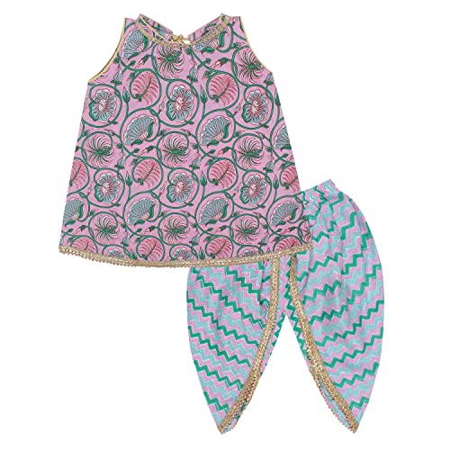 superminis Baby Girls Cotton Printed Sangakari Print A Line Style Sleeveless, Round Neck Kurti And Dhoti With Elastic Closure Ethnic Dress & Outfit (Pink, 2-3 Years) - Image 1
