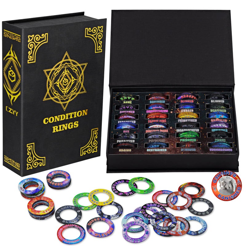 CZYY Upgraded DND Condition Rings 96 Status Effect Markers with Color Printing in 24 Conditions & Spells, and with Magic Book Storage Box Ideal Tabletop RPG Gift for DM or Player - Image 1