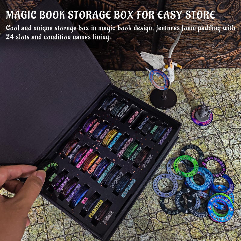 CZYY Upgraded DND Condition Rings 96 Status Effect Markers with Color Printing in 24 Conditions & Spells, and with Magic Book Storage Box Ideal Tabletop RPG Gift for DM or Player - Image 3