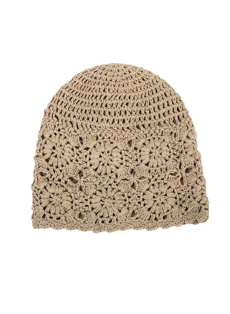 Women Crochet Slouchy Beanie Hat, Knit Floral Cotton Cutout Summer Hats  - Image 1