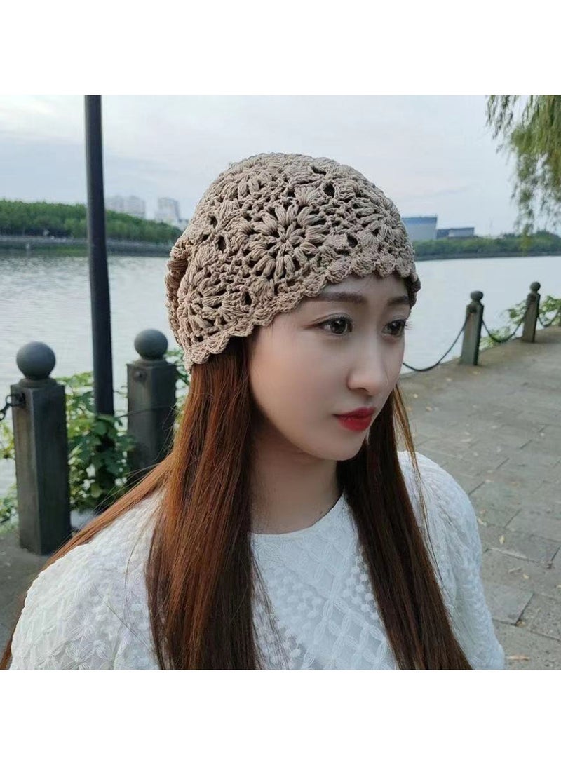 Women Crochet Slouchy Beanie Hat, Knit Floral Cotton Cutout Summer Hats  - Image 2