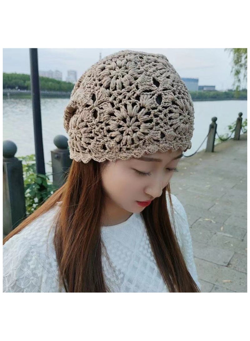 Women Crochet Slouchy Beanie Hat, Knit Floral Cotton Cutout Summer Hats  - Image 3