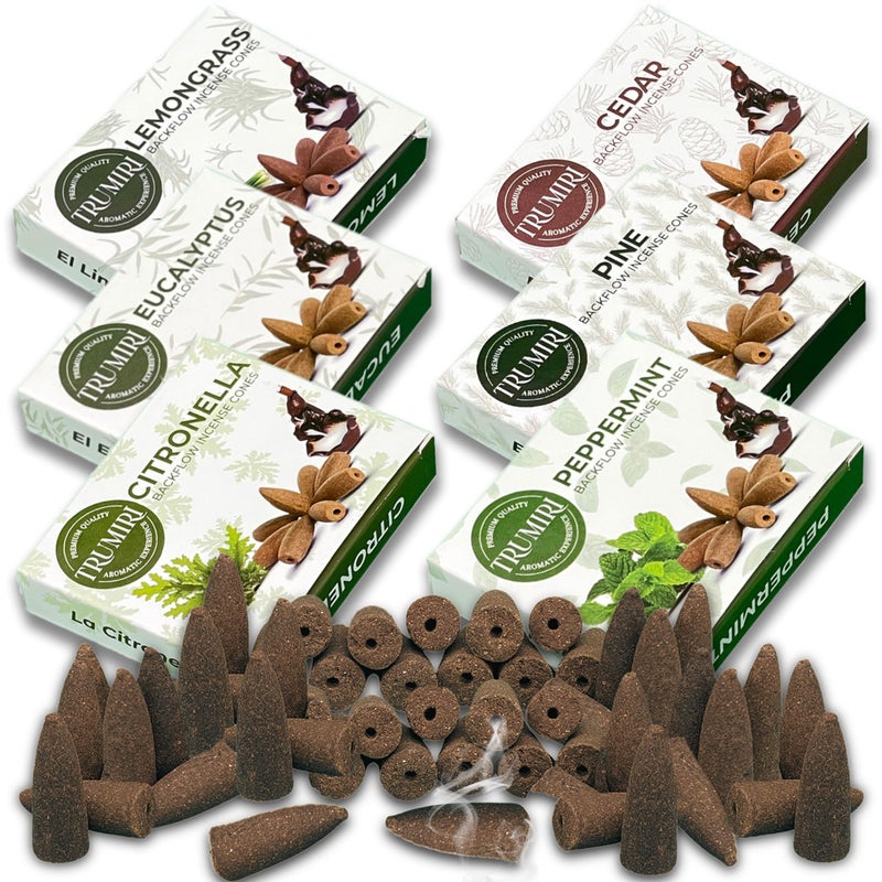 TRUMIRI Leafy  Backflow Incense Cones for Waterfall  Scented InscentsCones  Peppermint Citronella Pine Cedar Eucalyptus Lemongrass  Insiensos Aromaticos  6x1060 Large Variety Pack 