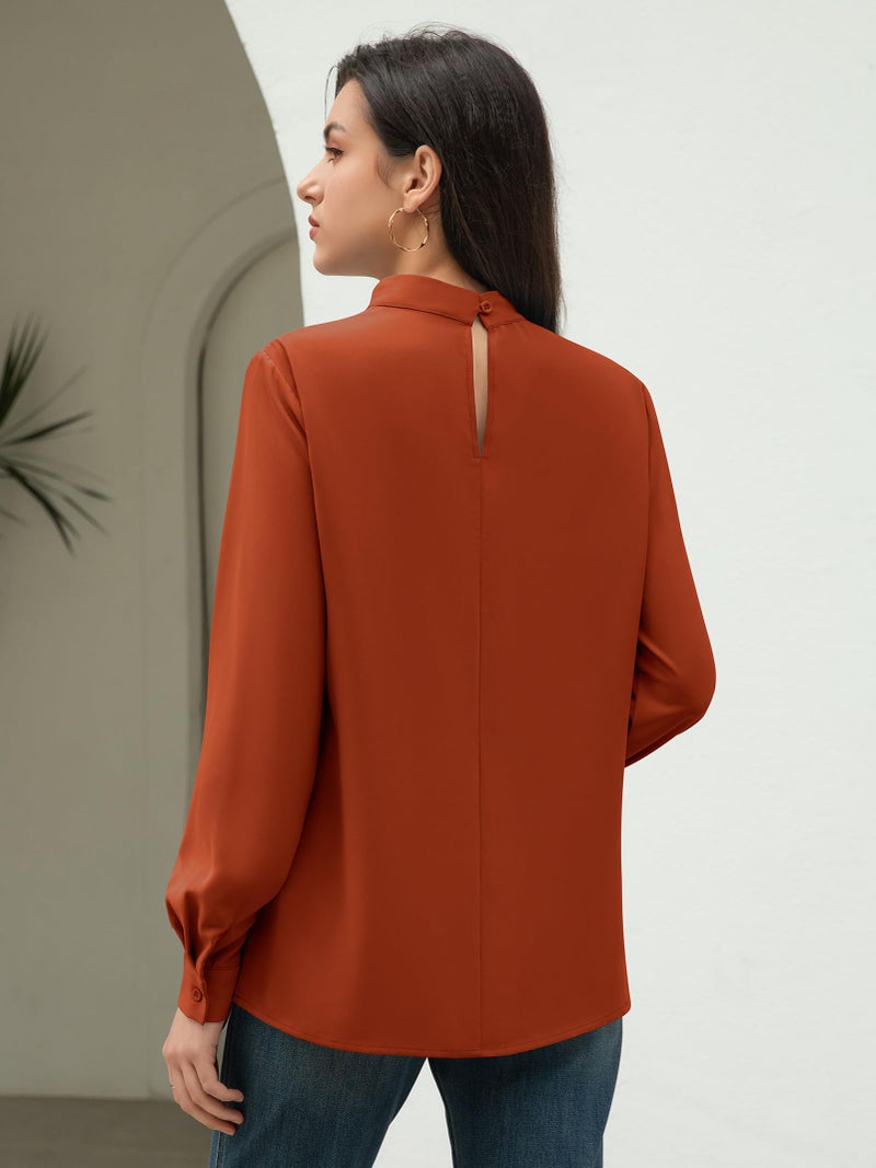 Funlingo Long Sleeve Tops for Women Fall Dressy Casual Tunic Blouse 2025 Fashion Ladies Mock Neck Flowy Pleated Work Shirts for Office Caramel M - Image 5