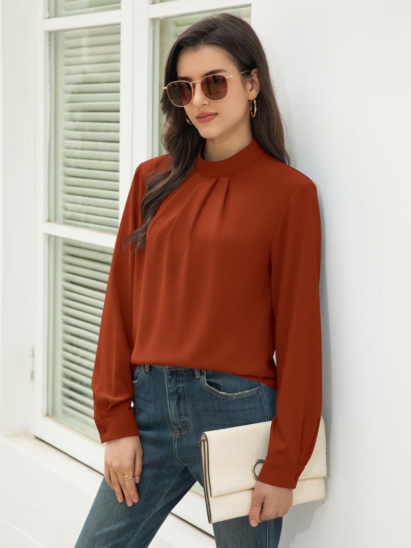 Funlingo Long Sleeve Tops for Women Fall Dressy Casual Tunic Blouse 2025 Fashion Ladies Mock Neck Flowy Pleated Work Shirts for Office Caramel M - Image 4