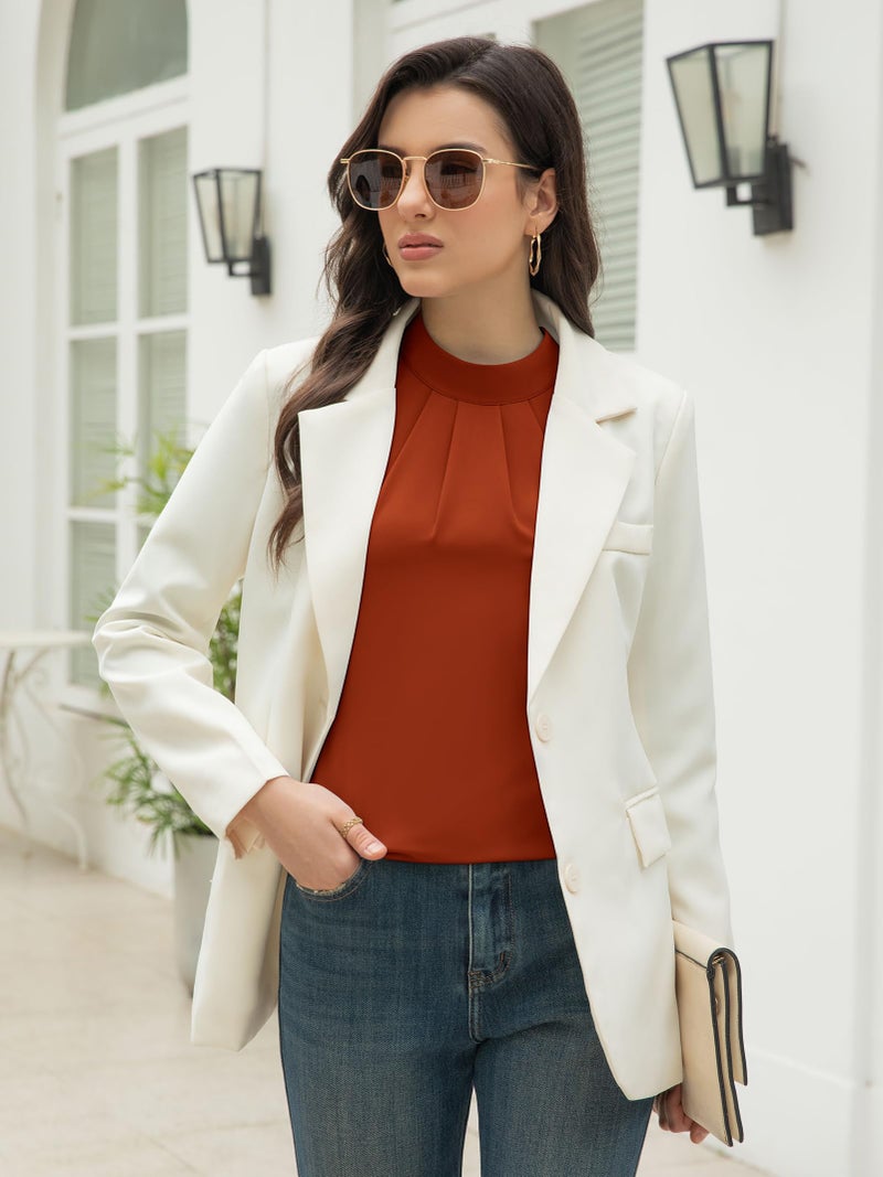 Funlingo Long Sleeve Tops for Women Fall Dressy Casual Tunic Blouse 2025 Fashion Ladies Mock Neck Flowy Pleated Work Shirts for Office Caramel M - Image 3