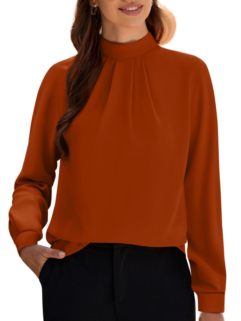 Funlingo Long Sleeve Tops for Women Fall Dressy Casual Tunic Blouse 2025 Fashion Ladies Mock Neck Flowy Pleated Work Shirts for Office Caramel M - Image 1