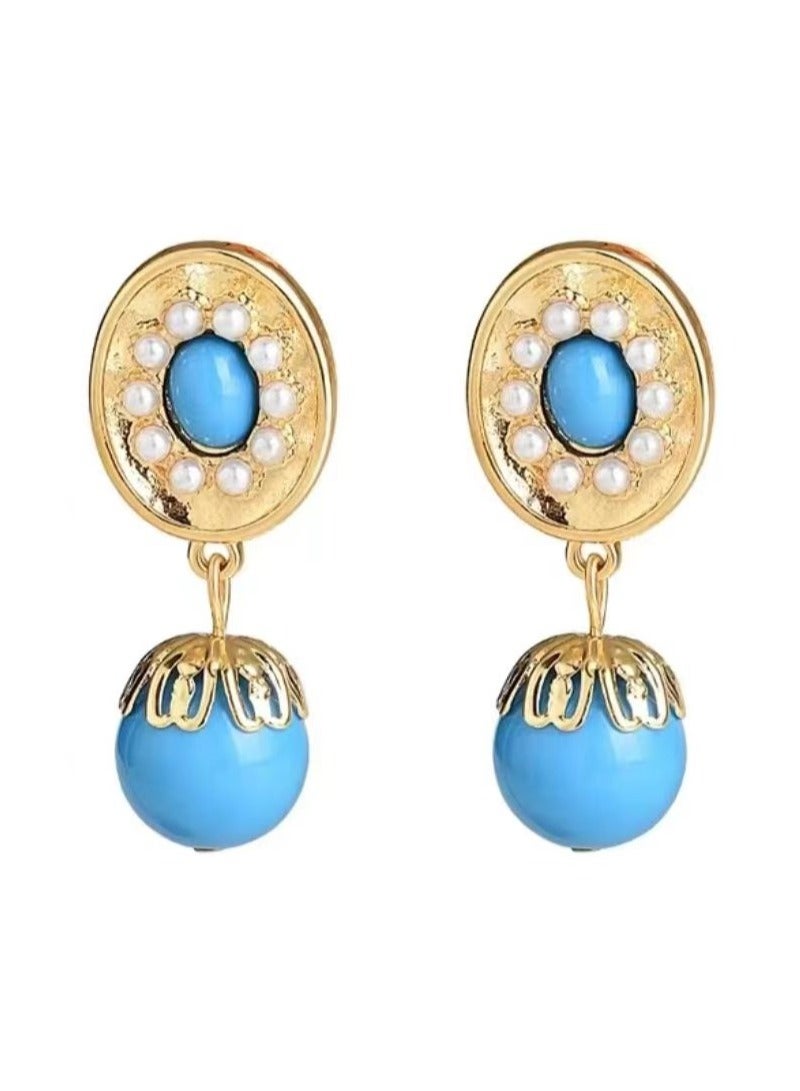 Silver Needle Blue Acrylic Oval Pearl Earrings  - Image 1