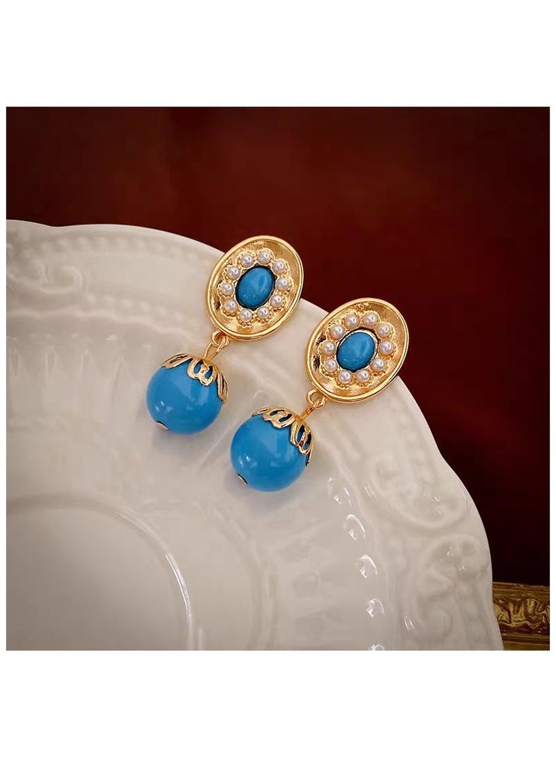 Silver Needle Blue Acrylic Oval Pearl Earrings  - Image 2