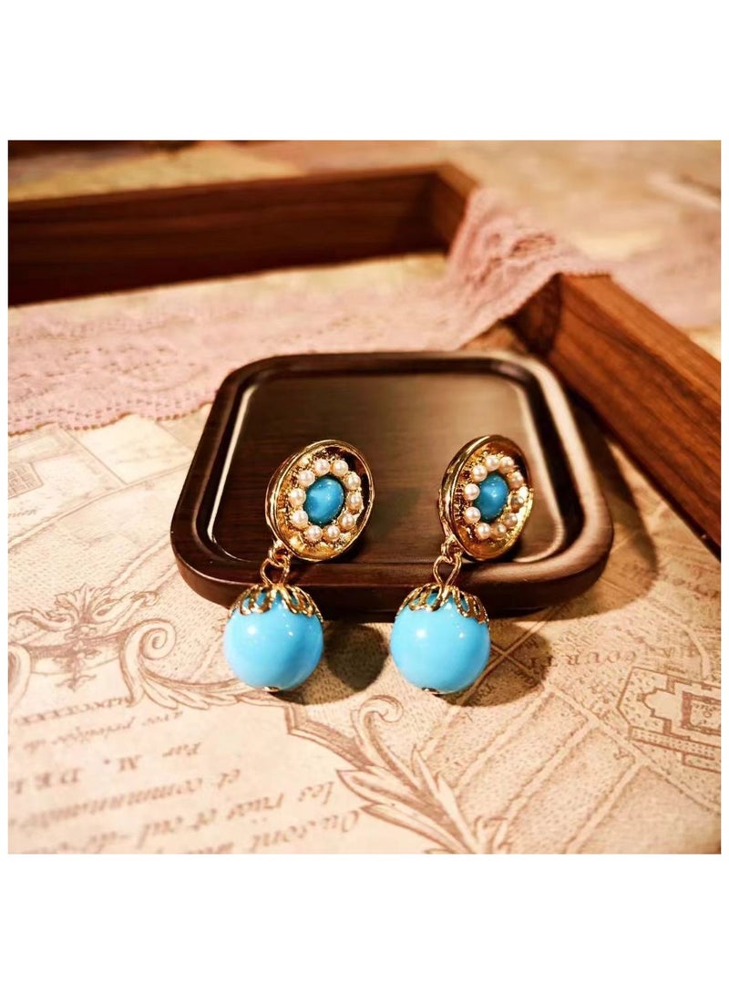 Silver Needle Blue Acrylic Oval Pearl Earrings  - Image 3
