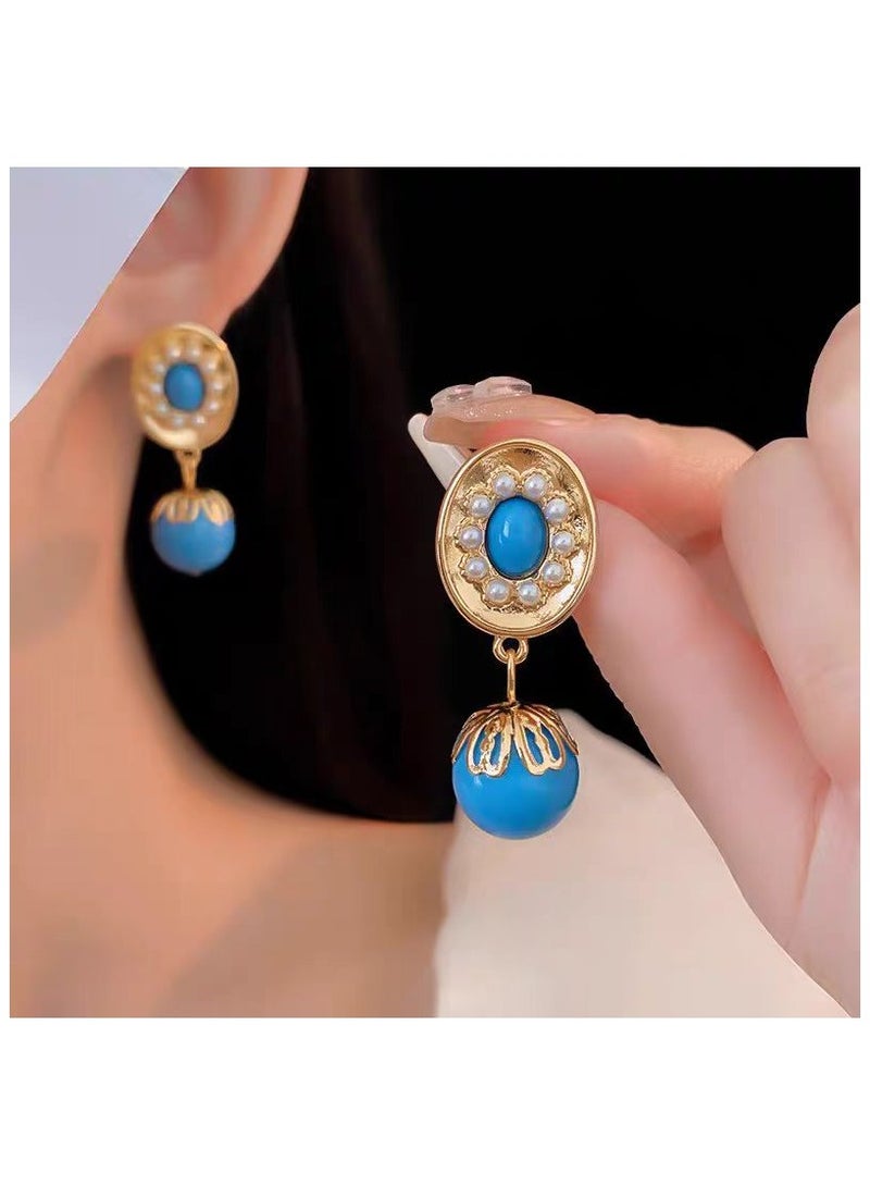 Silver Needle Blue Acrylic Oval Pearl Earrings  - Image 4