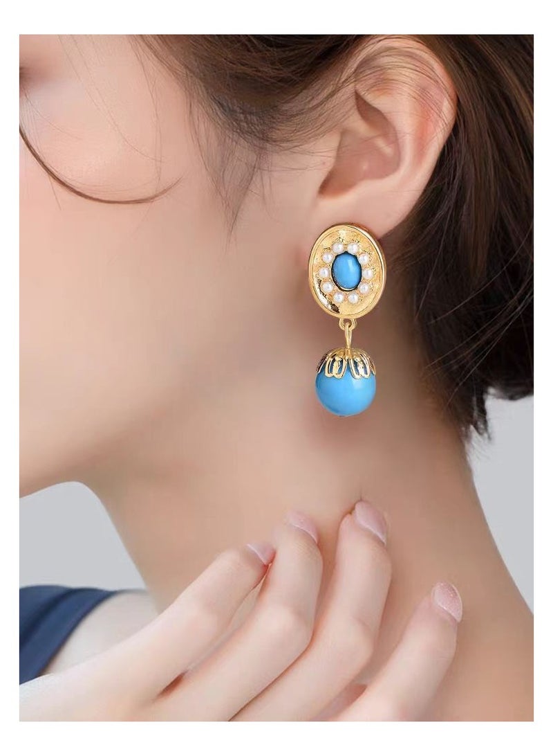Silver Needle Blue Acrylic Oval Pearl Earrings  - Image 5